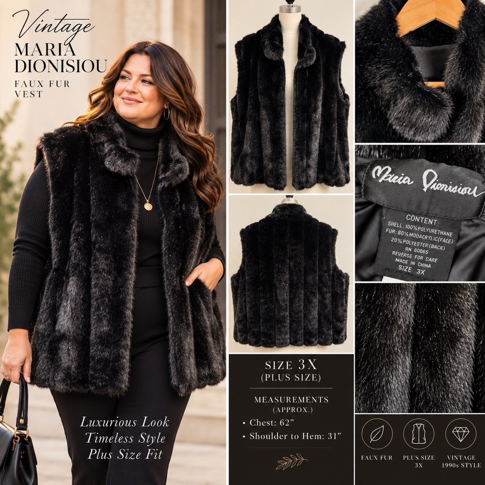Vintage Maria Dionisiou 3X Black Faux Fur Vest Jacket Coat Open Design Lined